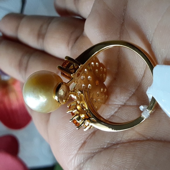 925  Golden South Sea Pearl, Madeira Citrine, White Zircons Ring. 10.5mm FIRM. - Picture 15 of 17
